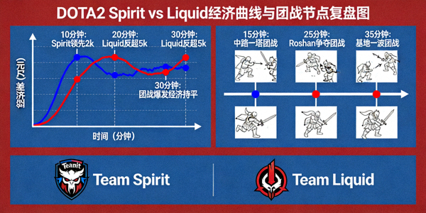 DOTA2 Spirit对阵Liquid经济曲线与团战节点复盘图
